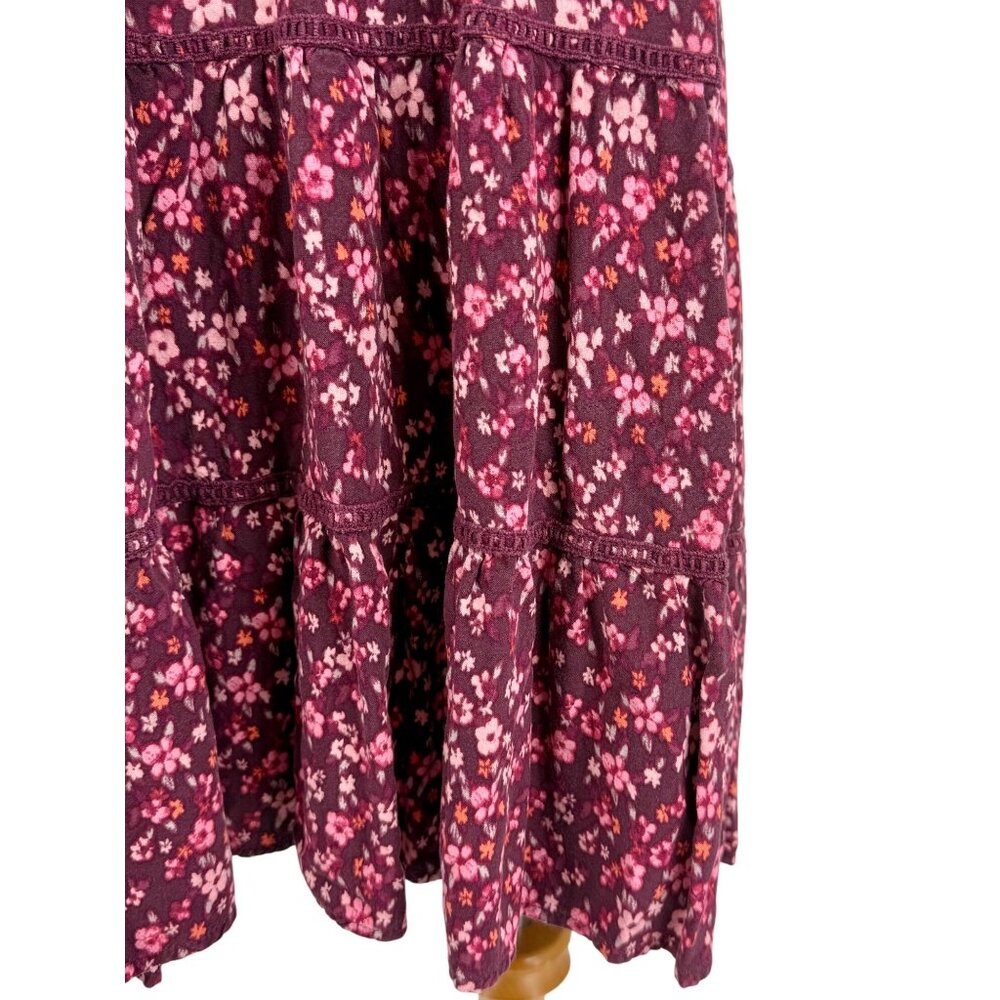 Wild Fable Burgundy Floral Crochet Trim Tiered Hem Grunge 90s Babydoll Dress - Picture 9 of 13